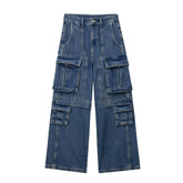 Elastic Waist Large Pocket Straight Wide Leg Jeans